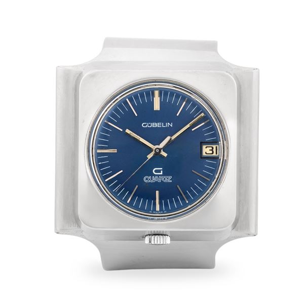 Gübelin - Eclettico Cuff Watch ref. G 0710 in acciaio con bracciale integrato, quadrante blu Soleil con datario al tre e indici a bastone, circa 1970