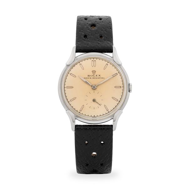 Rolex - Solo tempo ref. 4498 in acciaio con anse Cornes de Vache, quadrante argentè con piccoli secondi al sei, circa 1952