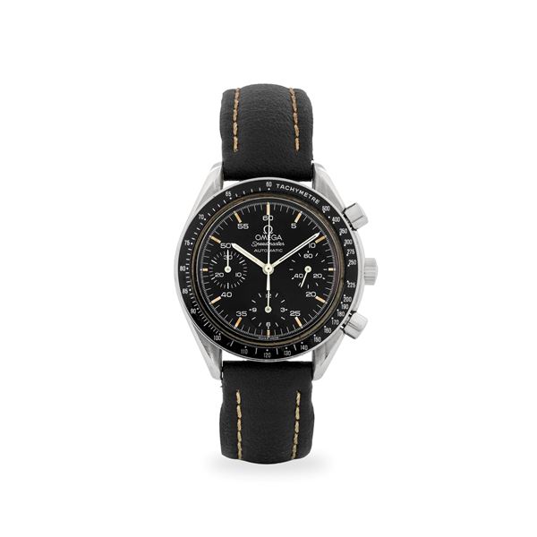 Speedmaster Reduced in acciaio con tasti a pompa, quadrante nero con tre contatori, circa 1991