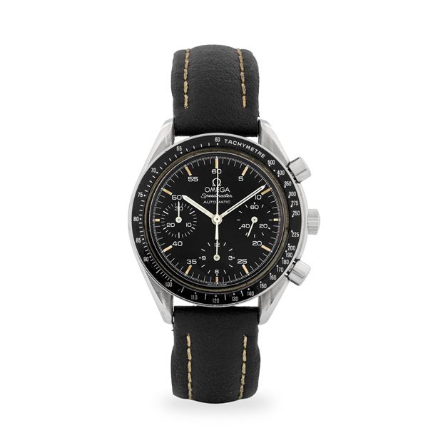 Omega - Speedmaster Reduced in acciaio con tasti a pompa, quadrante nero con tre contatori, circa 1991