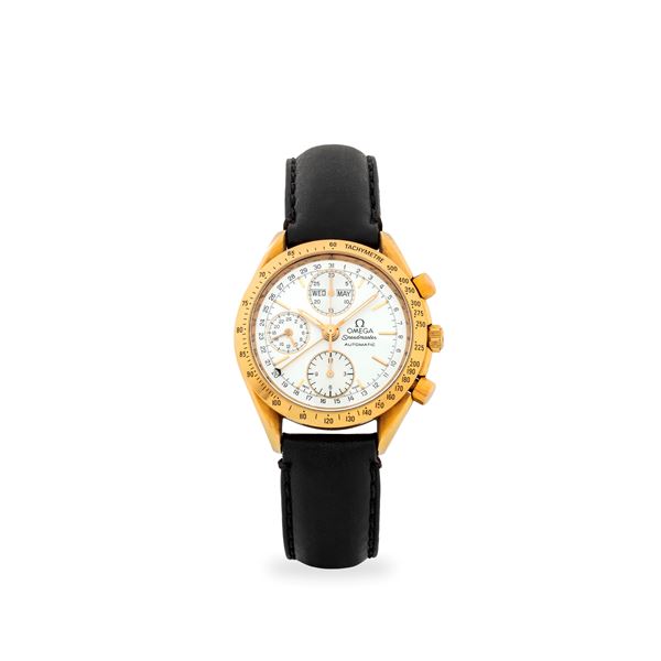 Speedmaster ref. 175.0044 in oro giallo 18k con tasti a pompa, quadrante bianco con tre contatori e indicatori di giorno e mese, circa 1995