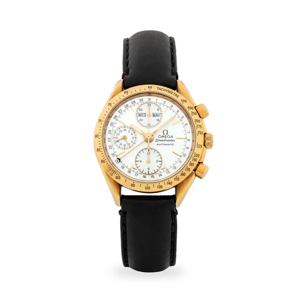 Omega - Speedmaster ref. 175.0044 in oro giallo 18k con tasti a pompa, quadrante bianco con tre contatori e indicatori di giorno e mese, circa 1995