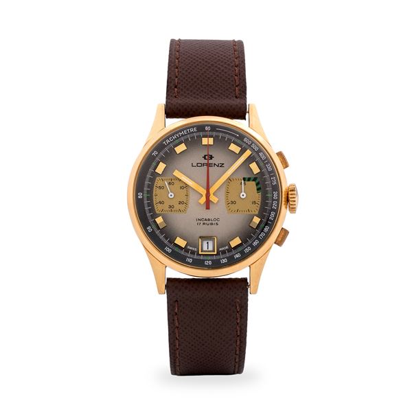 LORENZ - Cronografo in oro giallo 18k con tasti quadri, quadrante fumè con contatori dorati al tre e al nove, circa 1970