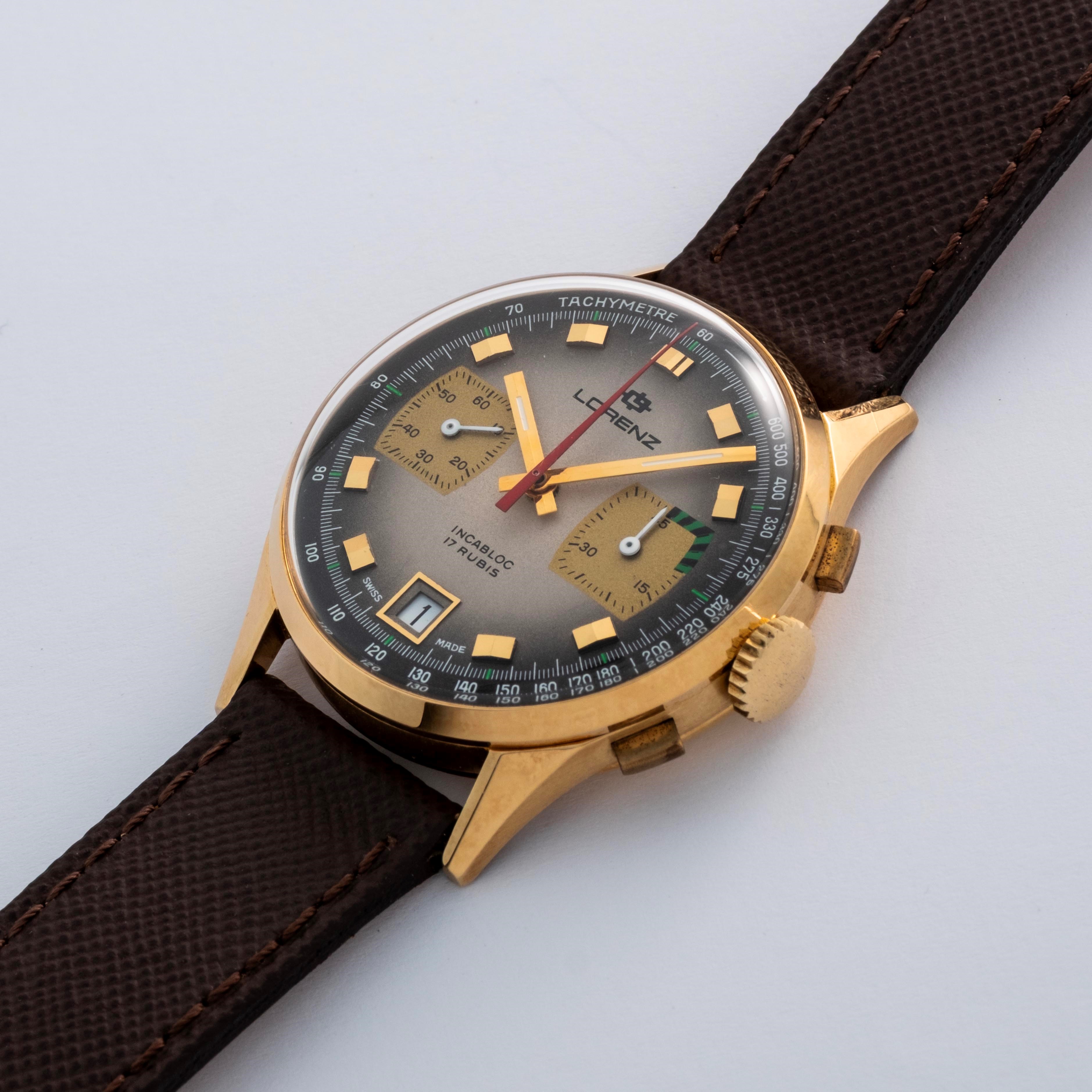 Lorenz - Cronografo in oro giallo 18k con quadrante fumé e movimento a carica manuale, circa 1970