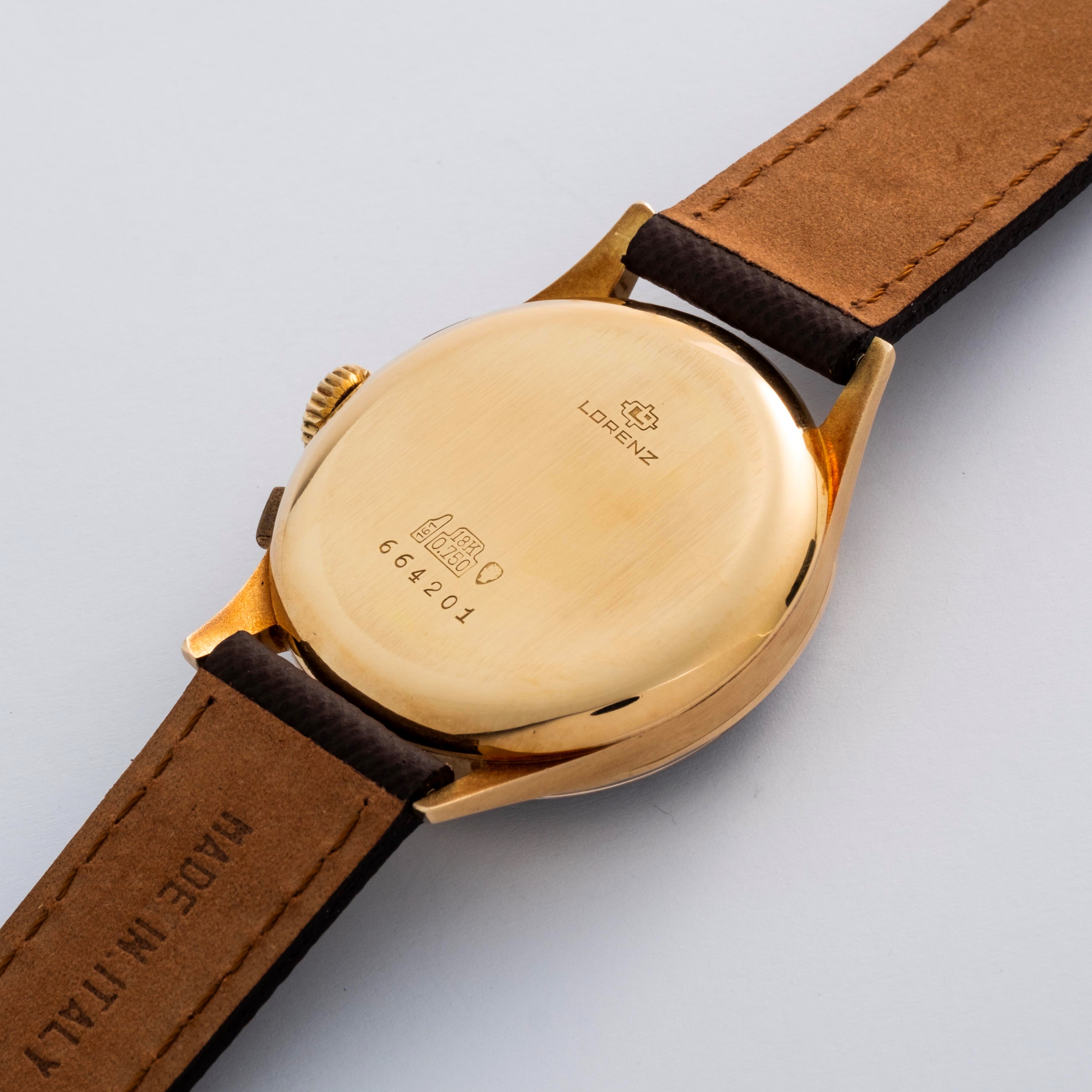 Lorenz - Cronografo in oro giallo 18k con quadrante fumé e movimento a carica manuale, circa 1970
