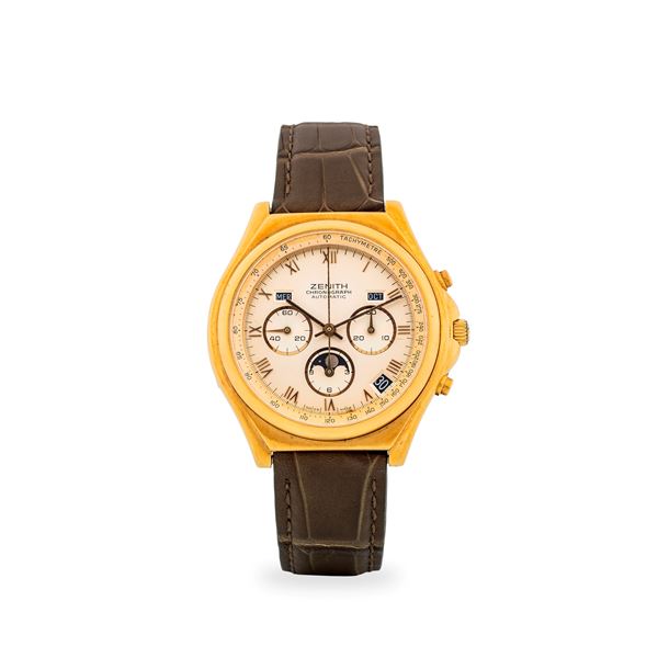 El Primero Chronomaster in oro giallo 18k, quadrante argentè con numeri Romani e calendario completo, circa 1980