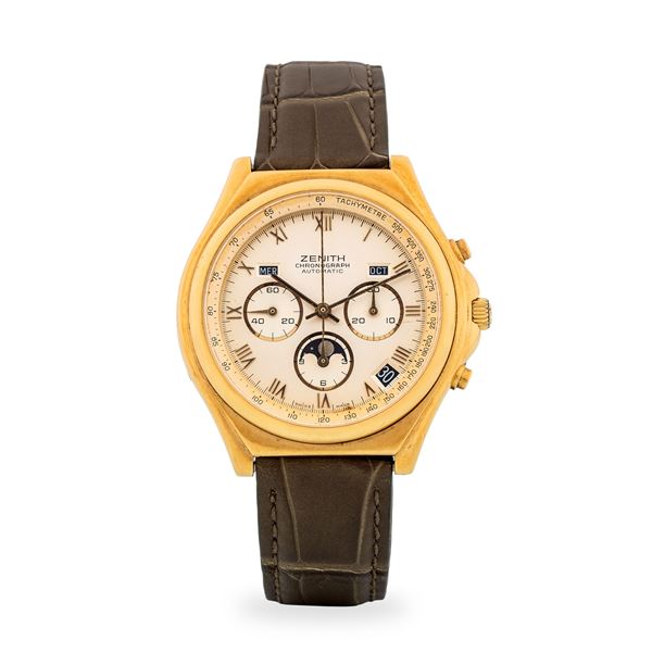 Zenith - El Primero Chronomaster in oro giallo 18k, quadrante argentè con numeri Romani e calendario completo, circa 1980