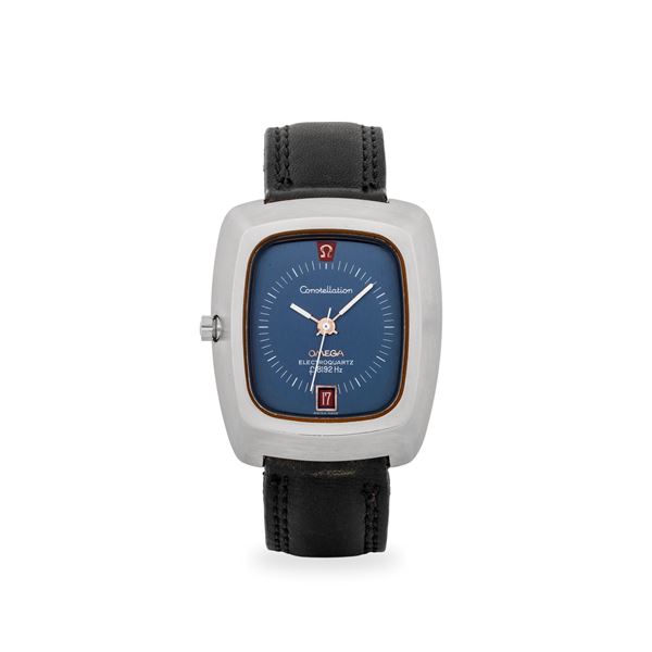 Constellation Electroquartz B21 ref. 196.005 in acciaio, quadrante blu con datario al sei e lancette a bastone, circa 1970