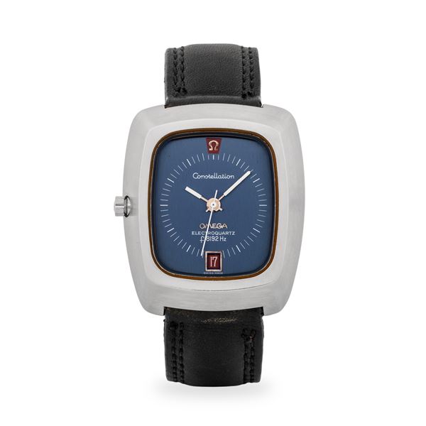 Omega - Constellation Electroquartz B21 ref. 196.005 in acciaio, quadrante blu con datario al sei e lancette a bastone, circa 1970