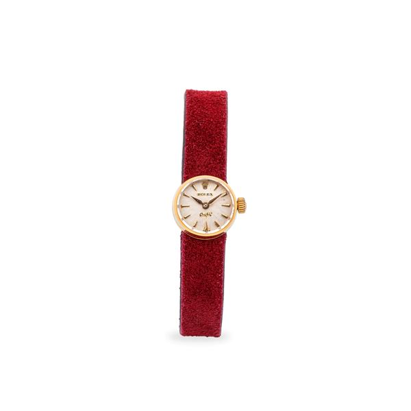 Elegante Orchid ref. 9674 in oro giallo 18k, quadrante argentè Soleil con indici applicati, circa 1950
