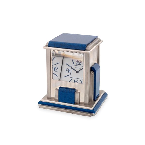 Prism Clock in metallo argentato e lapislazzuli, quadrante cristallo, con scatola originale, circa 1980