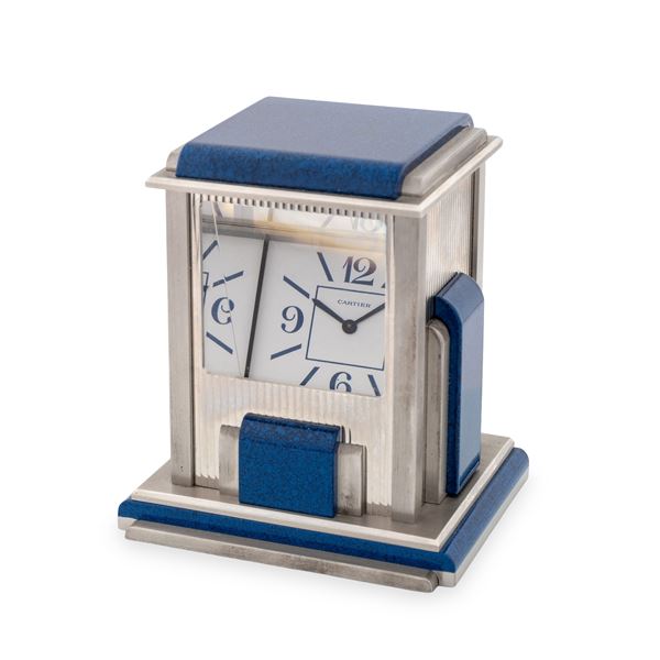 Cartier - Prism Clock in metallo argentato e lapislazzuli, quadrante cristallo, con scatola originale, circa 1980