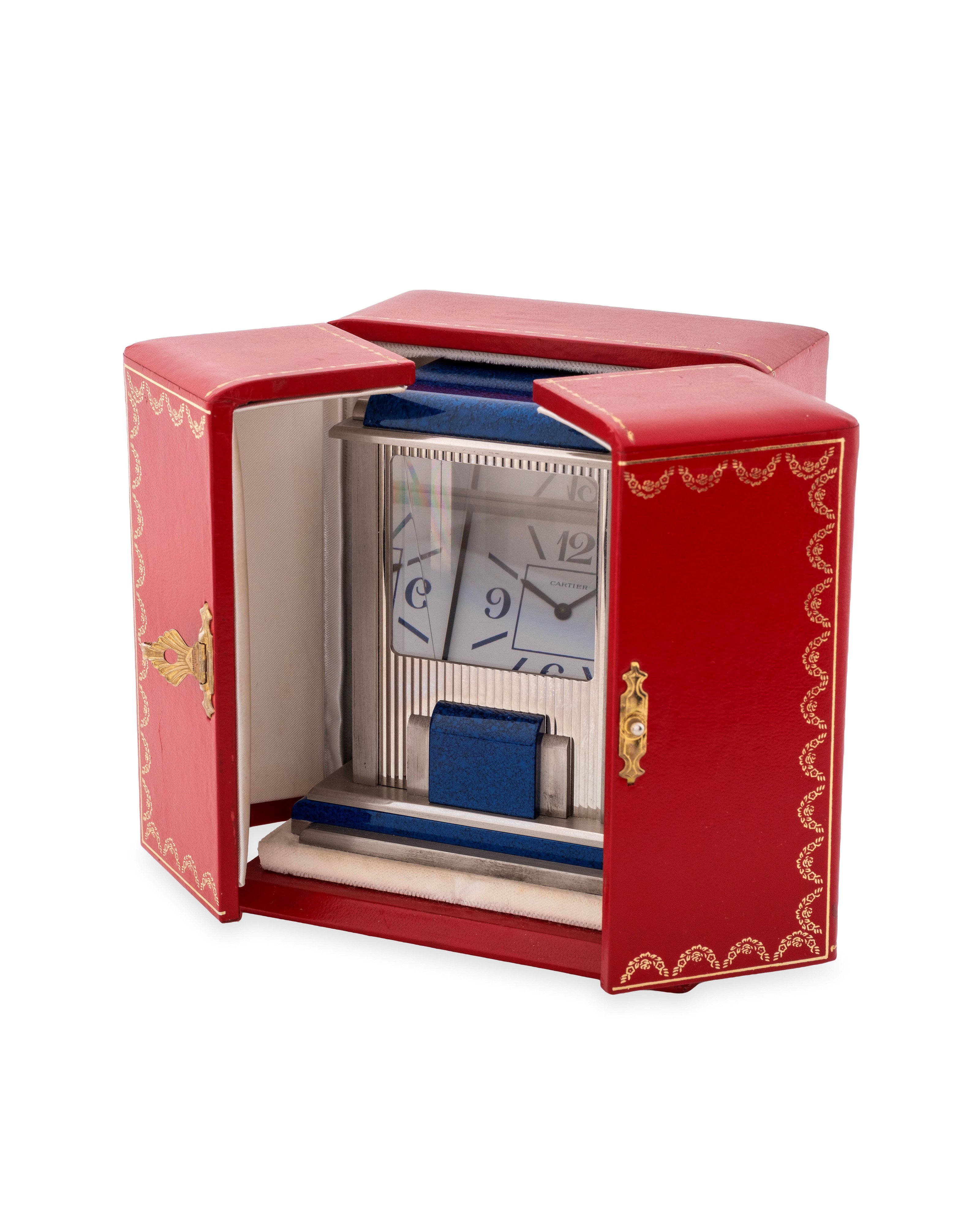 Cartier - Prism Clock in metallo argentato e lapislazzuli con quadrante in cristallo, circa 1980 ...