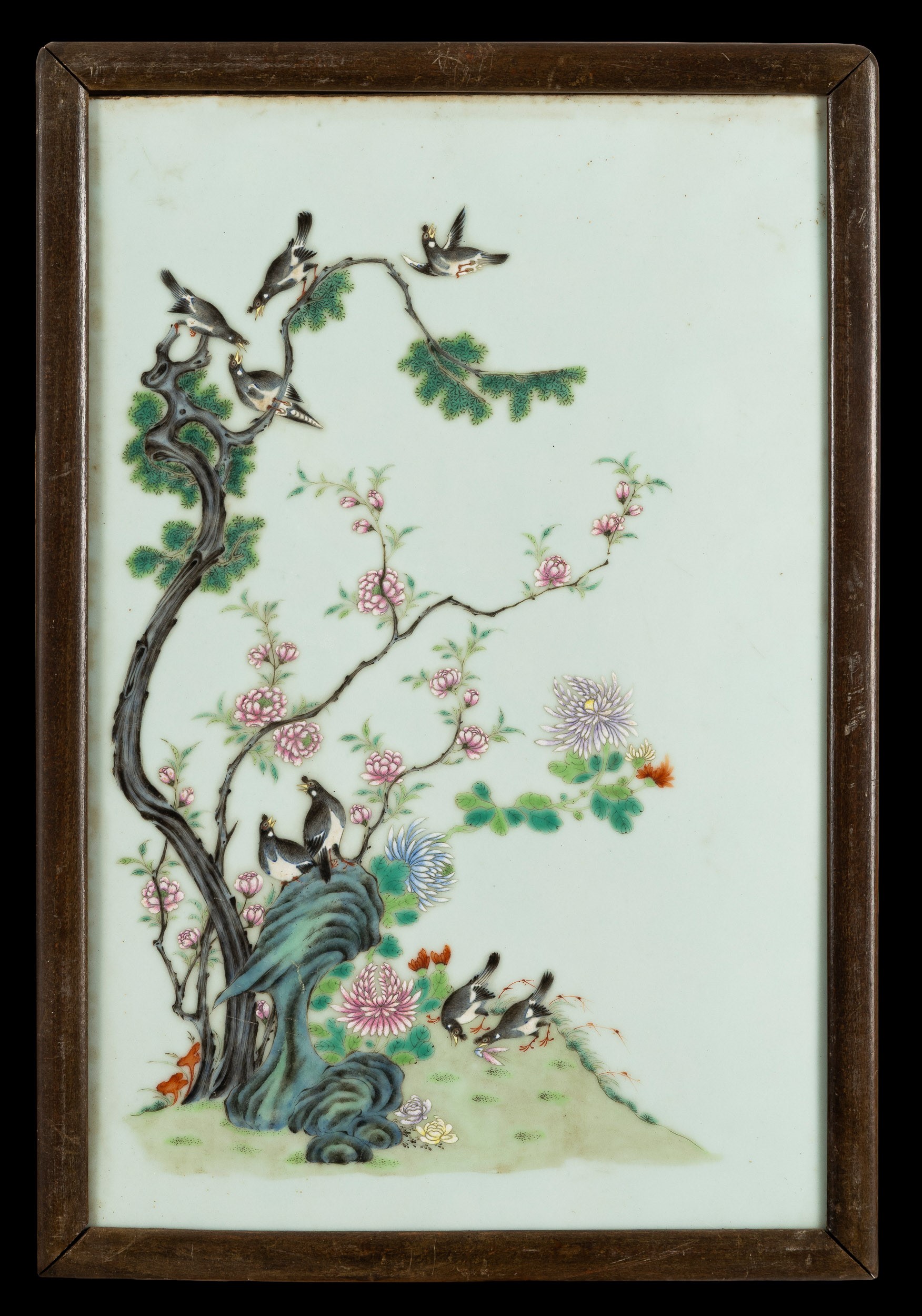 Coppia di placche in porcellana, Famiglia Rosa, rami con fiori e uccelli, Dinastia Qing (Cina), X...