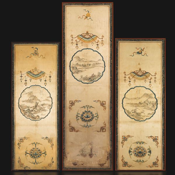 A set of three silk-painted panels depicting naturalistic subjects, with Taoist decoration and poetic inscriptions, China, Qing Dynasty, 18th century.