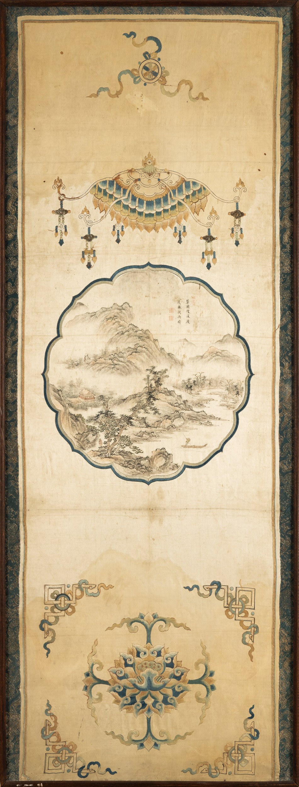 Cina, Tre pannelli dipinti su seta (trittico) con decori taoisti e iscrizioni poetiche, Dinastia ...
