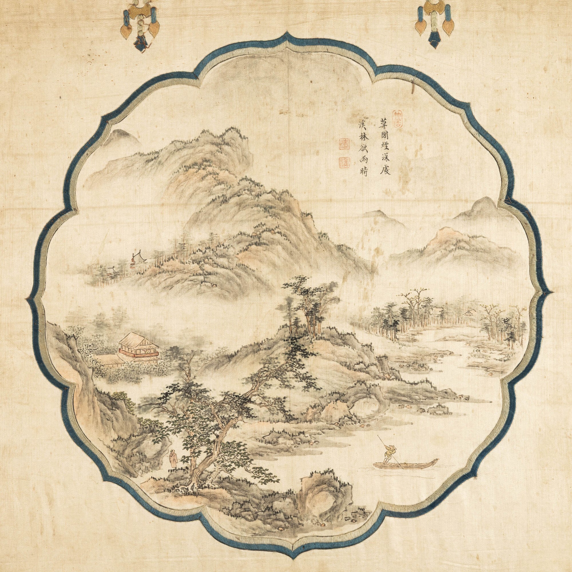 Cina, Tre pannelli dipinti su seta (trittico) con decori taoisti e iscrizioni poetiche, Dinastia ...