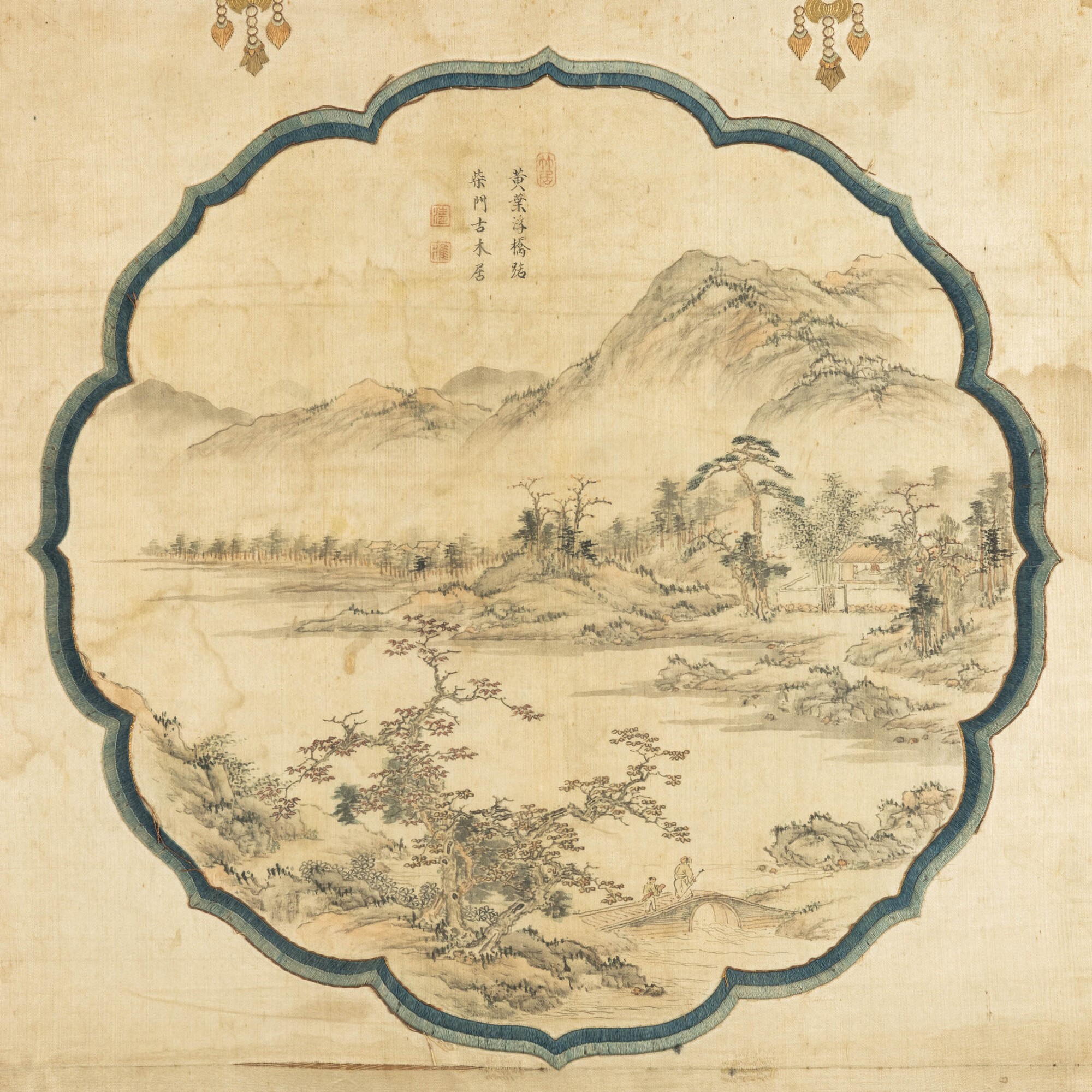 Cina, Tre pannelli dipinti su seta (trittico) con decori taoisti e iscrizioni poetiche, Dinastia ...