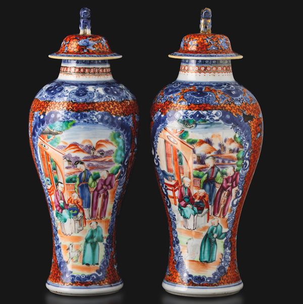 Pair of porcelain potiches depicting genre scenes within reserves, China, Qing Dynasty, Qianlong Dinasty