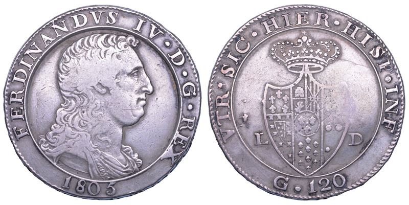 NAPOLI. FERDINANDO IV DI BORBONE, 1759-1816. Piastra da 120 Grana 1805.  - Auction Light Numismatics - Cambi Casa d'Aste
