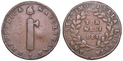 Repubblica Napoletana (1799), 6 Tornesi, Anno VII (1799) – Napoli, fascio consolare e berretto fr...