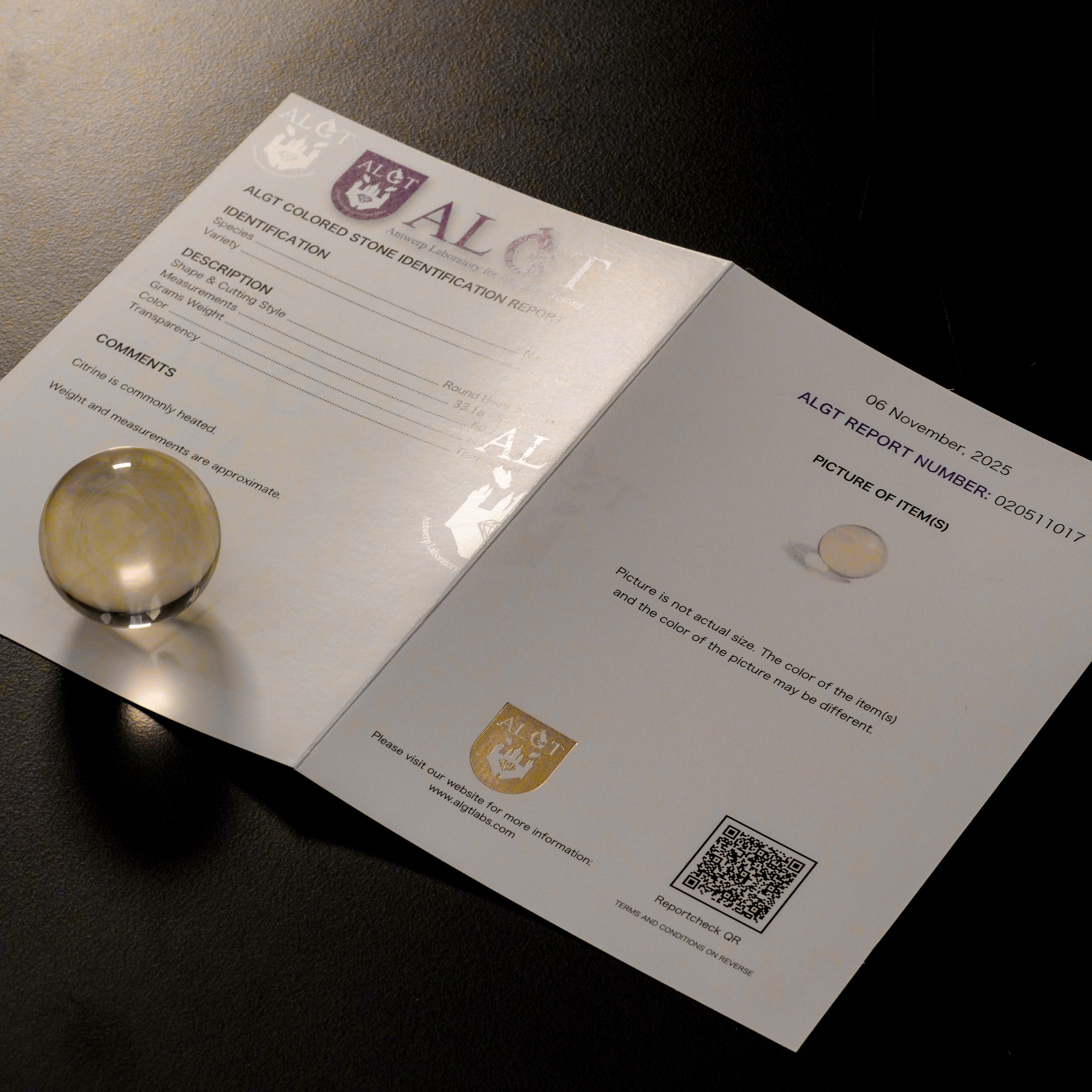 Purissima Sfera di Citrino con Certificato Algt su Base in Legno e Ottone