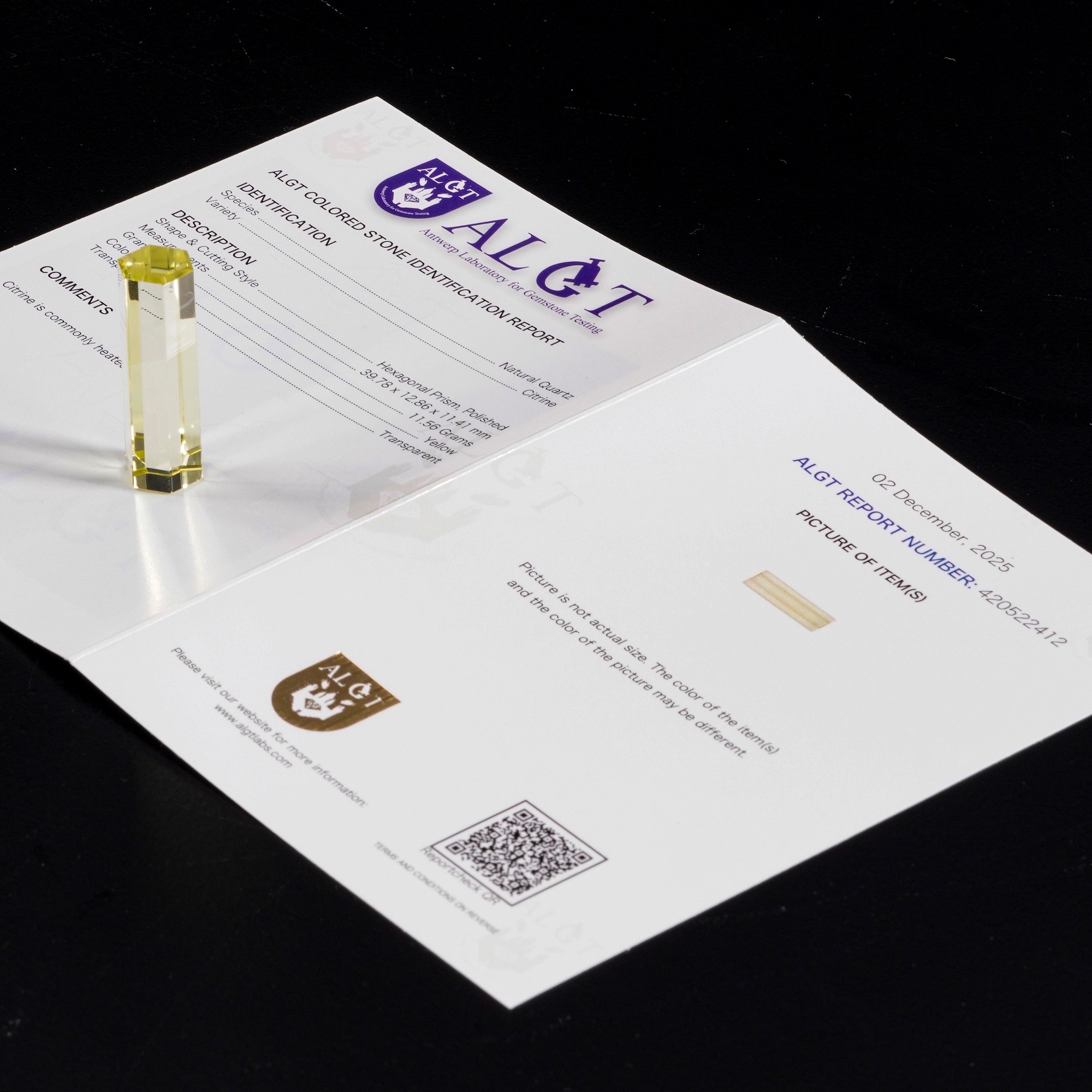 Quarzo citrino naturale, prisma esagonale lucidato con certificato ALGT