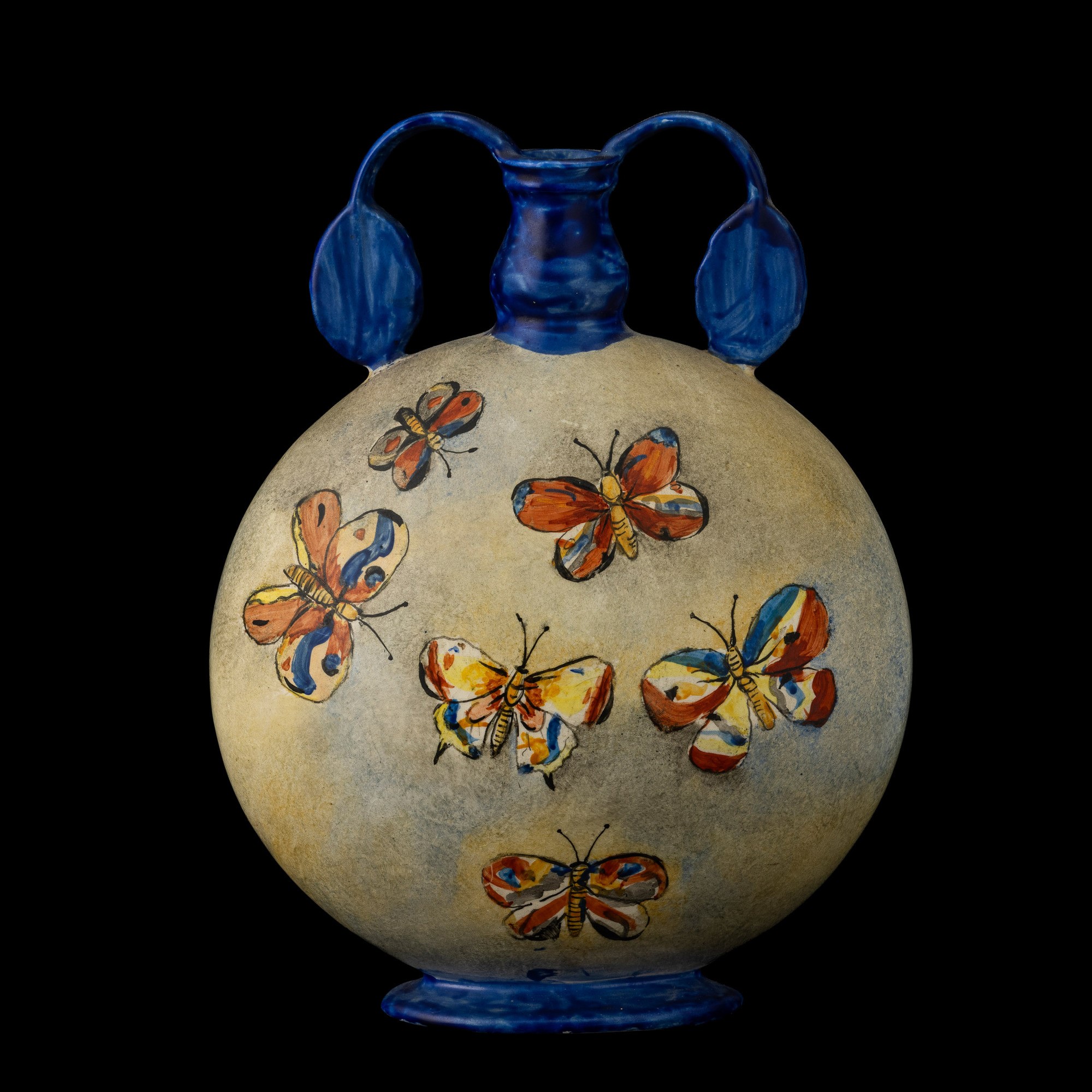 Guido Andloviz - Vaso a sezione ovale con pappagallo su ramo, terraglia a colaggio e smalti polic...