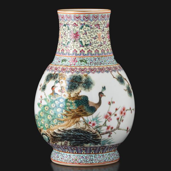 Porcelain vase depicting peacocks with floral, ruyi and inscription decoration, China, Republic period.