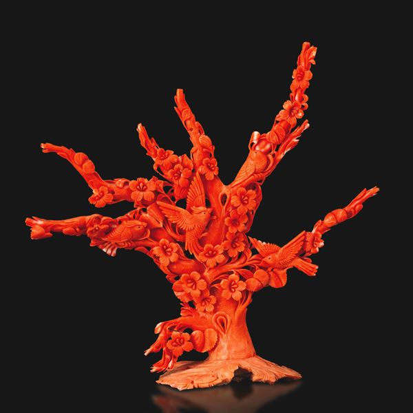 Figura di ramo con uccelli e fiori in corallo, Cina, Dinastia Qing, XIX secolo