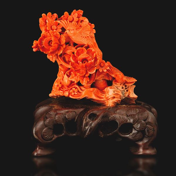 Carved coral figure of birds and flowers, China, Qing Dynasty, 19th century.
