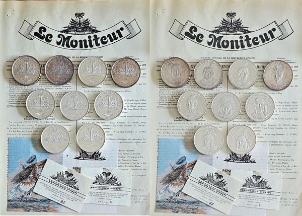 HAITI. Lotto di nove monete commemorative in argento soggetti vari.