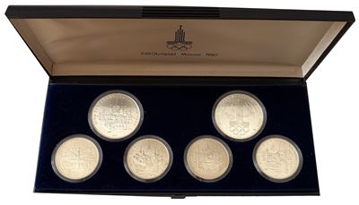 Unione Sovietica, Lotto di sei monete commemorative in argento delle Olimpiadi di Mosca (2×10 Rub...
