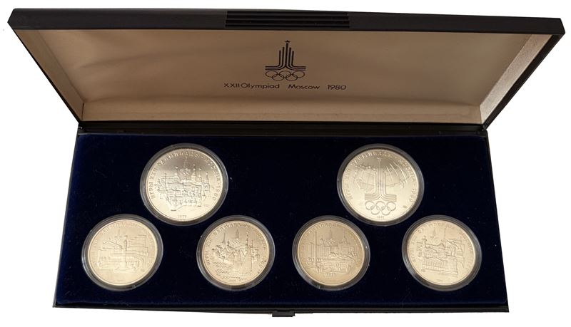 UNIONE SOVIETICA. Lotto di sei monete commemorative in argento delle olimpiadi di Mosca in scatola originale.  - Auction Light Numismatics - Cambi Casa d'Aste