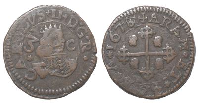 CAGLIARI, Carlo II di Spagna, 1678. Dritto: busto corazzato a destra; rovescio: croce e legenda