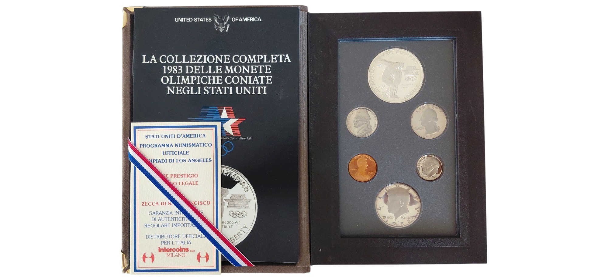 USA, Divisionale ufficiale “Prestige”, Fondo Specchio Proof (PP) collezione monete olimpiche 1983...