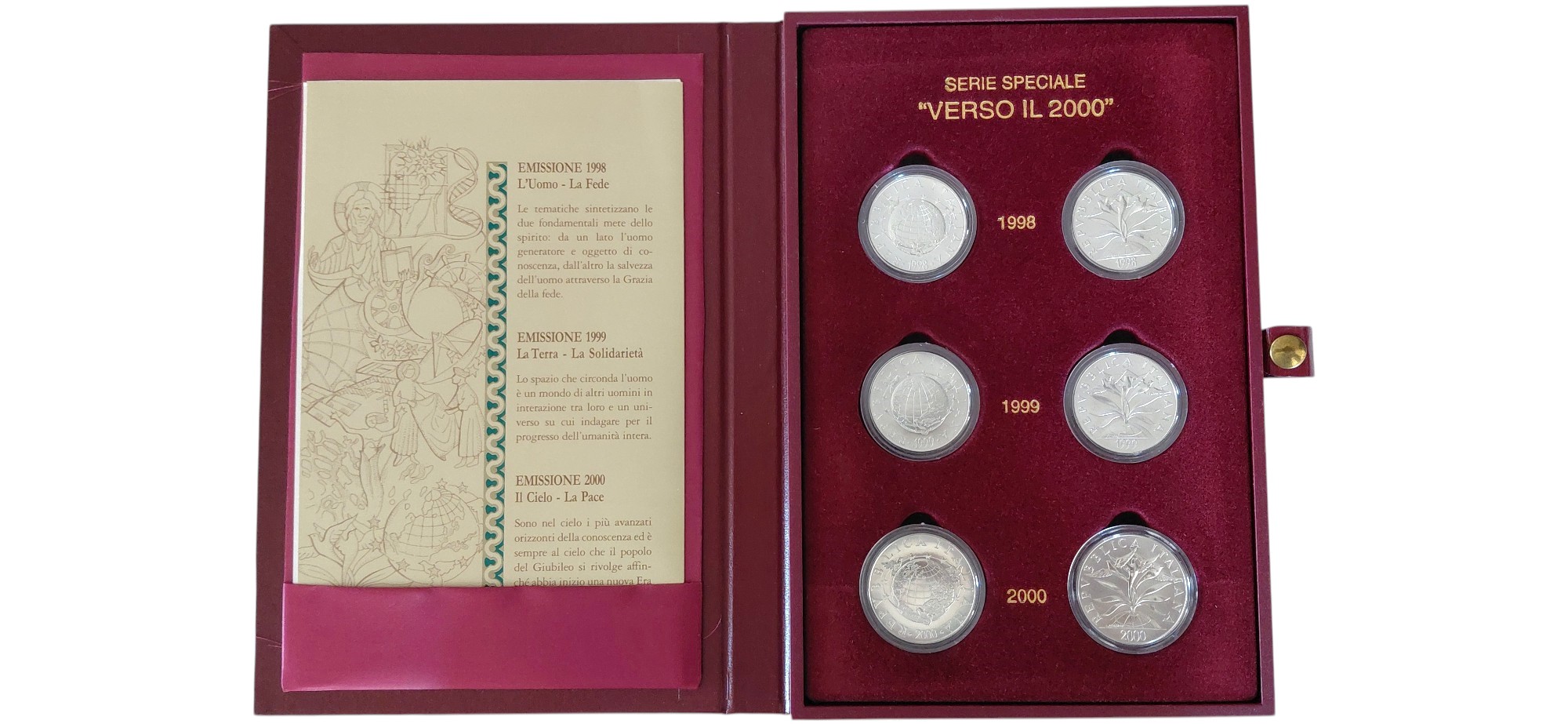 Italia, Serie speciale “Verso il 2000” (1998-2000) — cofanetto con 6 monete commemorative d’argen...