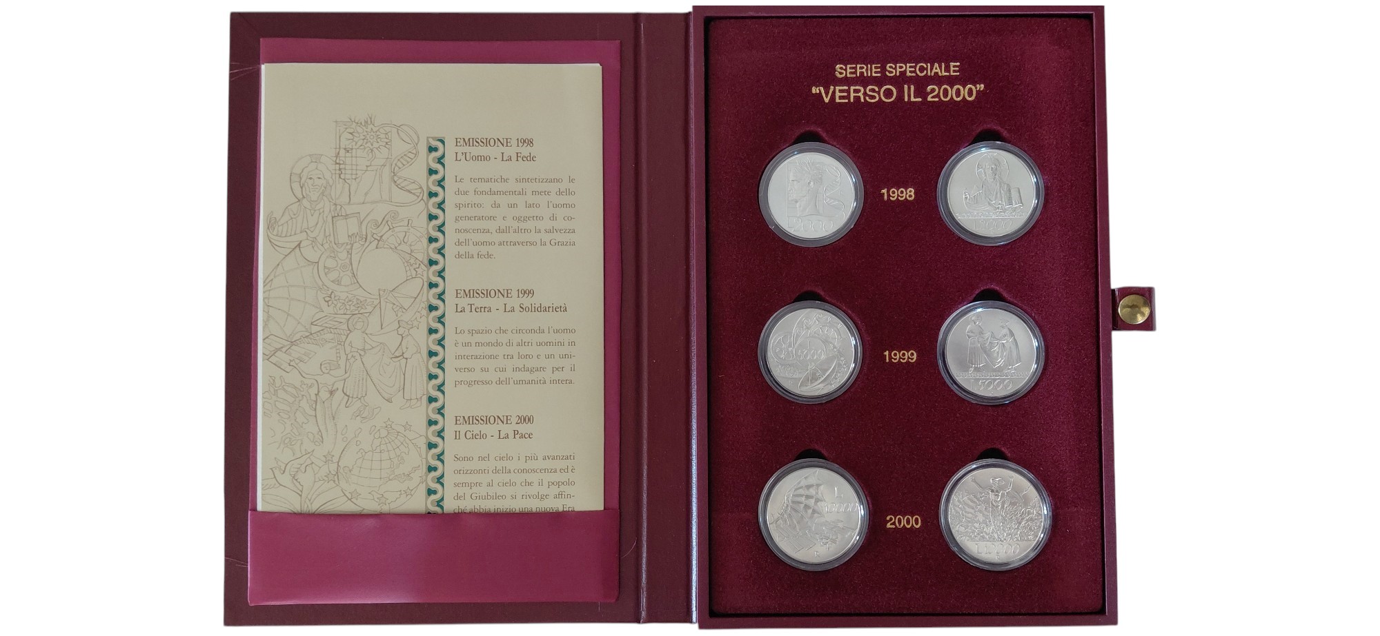 Italia, Serie speciale “Verso il 2000” (1998-2000) — cofanetto con 6 monete commemorative d’argen...