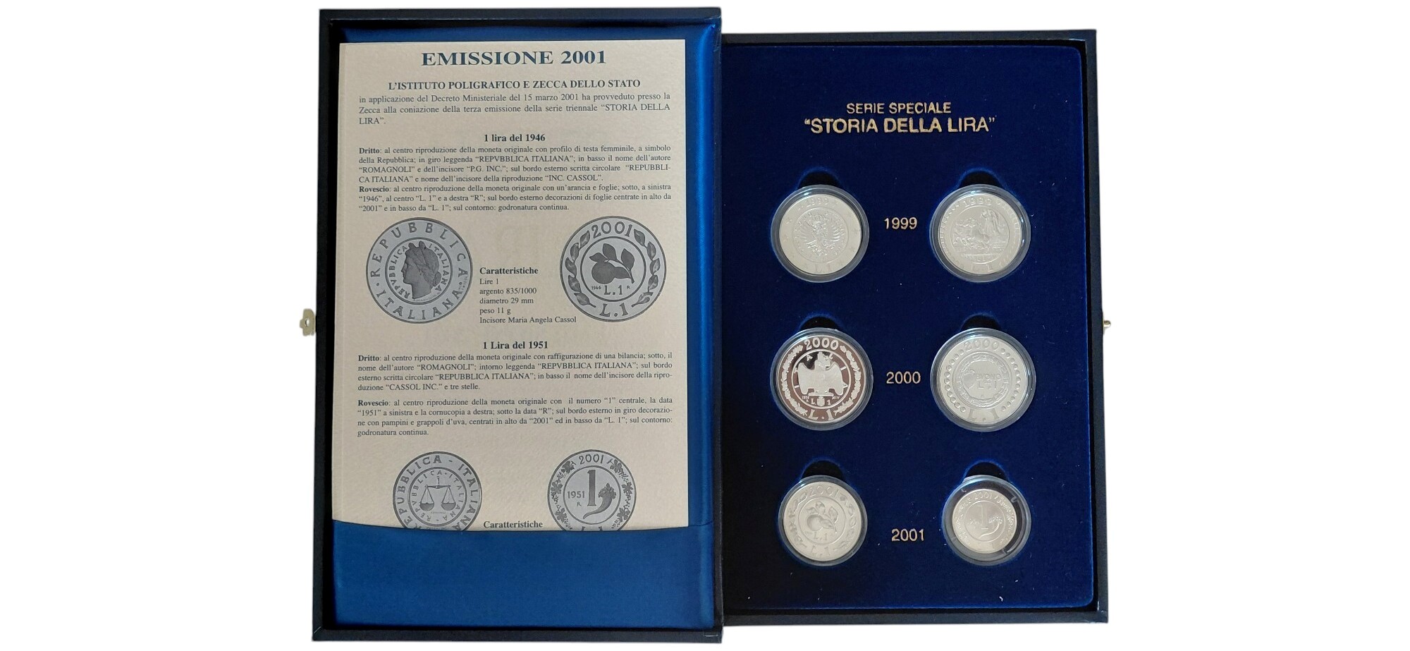 Italia, 1999-2001. Serie Speciale “Storia della Lira”, completa di sei monete commemorative in ar...