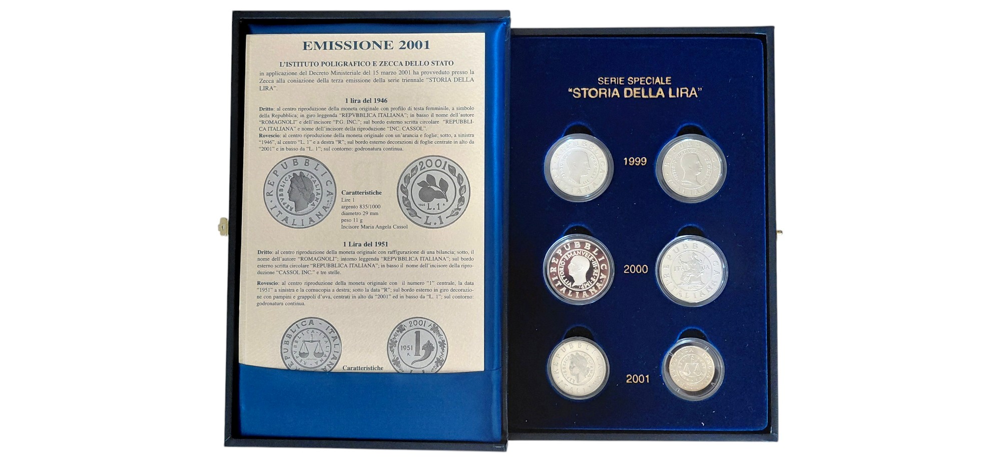 Italia, 1999-2001. Serie Speciale “Storia della Lira”, completa di sei monete commemorative in ar...