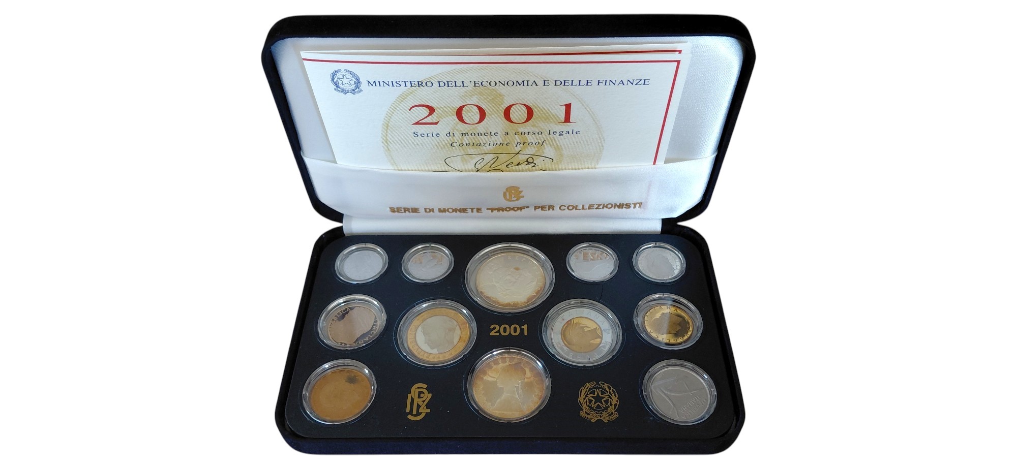 Italia, 2001. Divisionale in lire in Fondo Specchio (Proof/PP) — 12 monete, incluse 500 e 1.000 L...