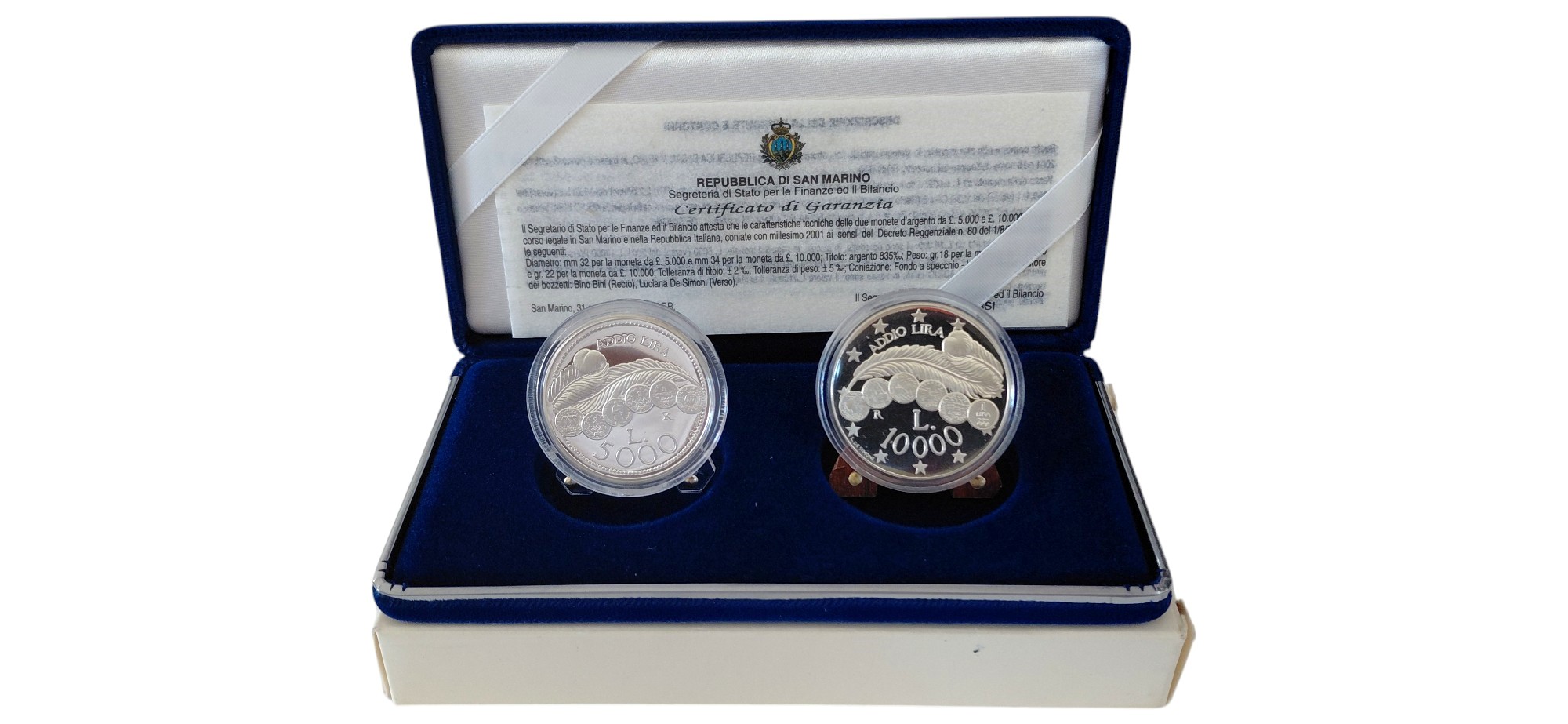 San Marino, serie numismatica 2000-2001 in argento 835‰ (Proof) con certificato di autenticità