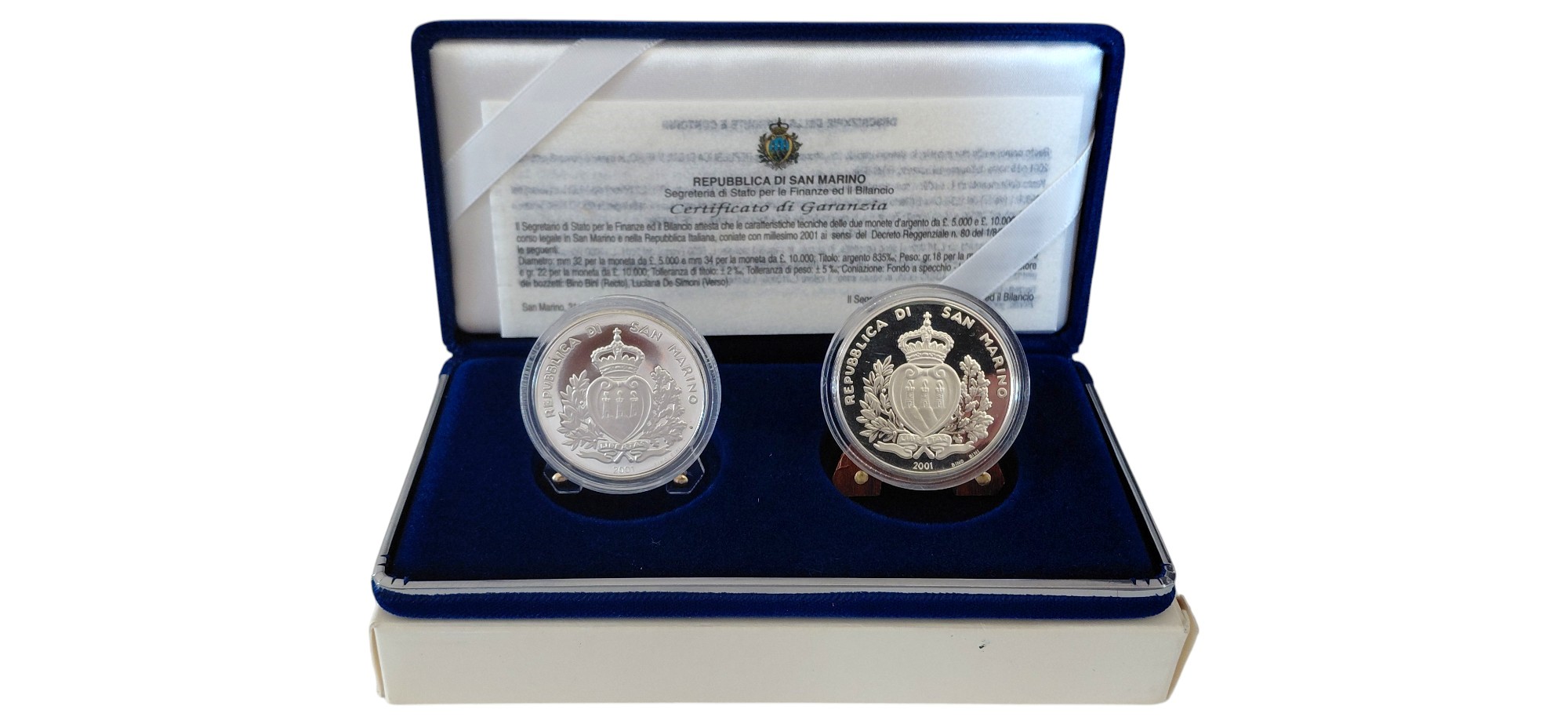 San Marino, serie numismatica 2000-2001 in argento 835‰ (Proof) con certificato di autenticità