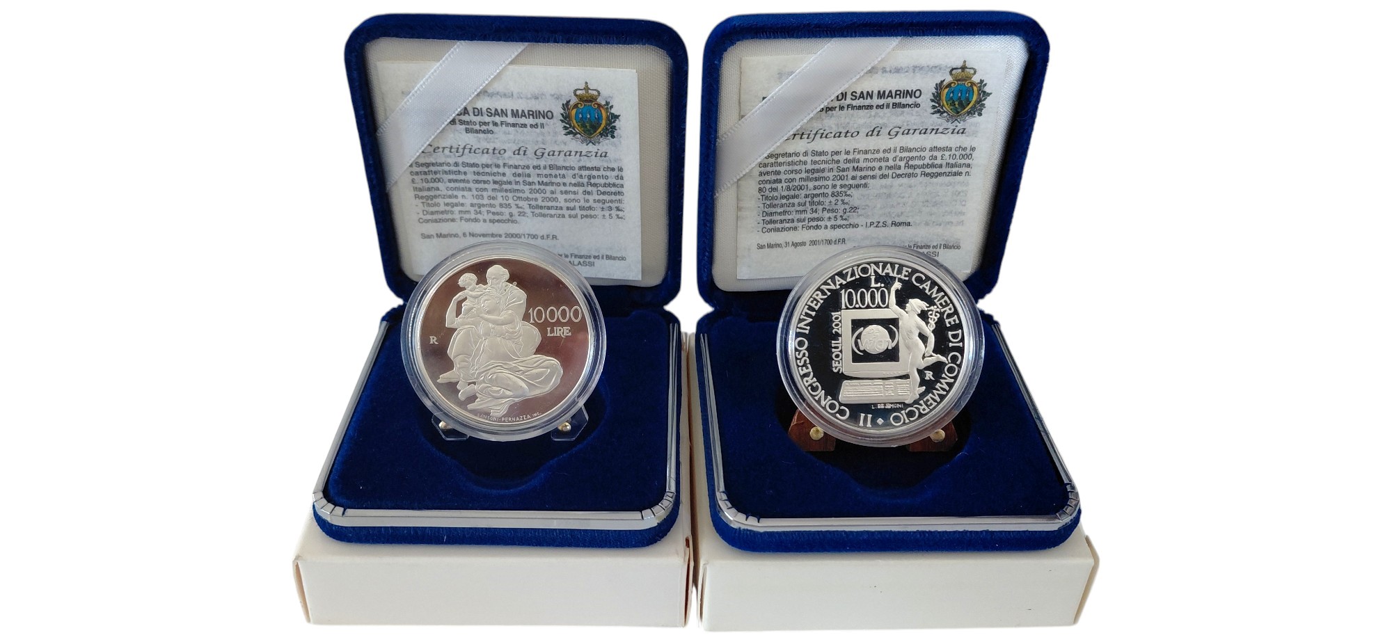San Marino, serie numismatica 2000-2001 in argento 835‰ (Proof) con certificato di autenticità