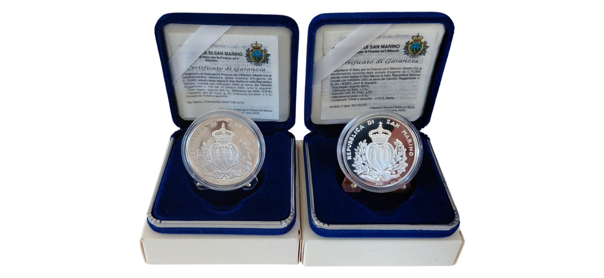 San Marino, serie numismatica 2000-2001 in argento 835‰ (Proof) con certificato di autenticità