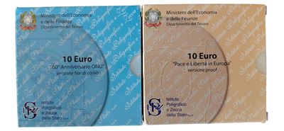 Italia, Due monete da 10 Euro in argento 925/1000 (2005): 60° Anniversario dell’ONU (Fior di Coni...
