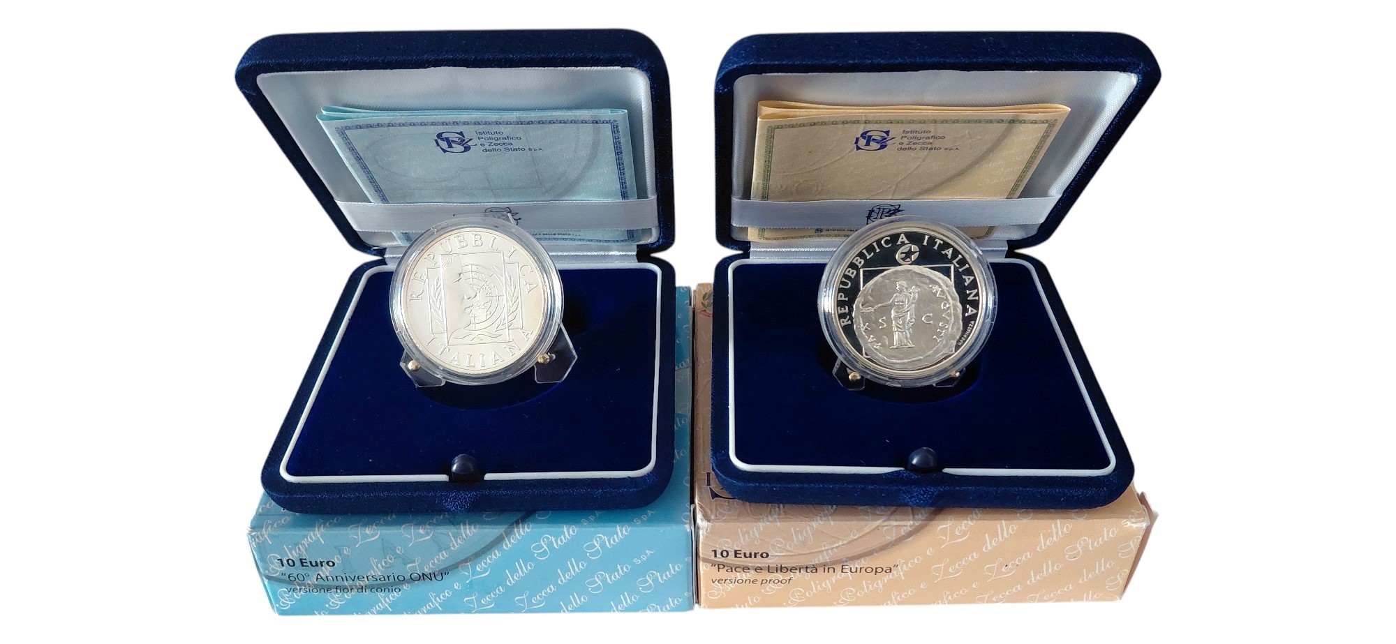 Italia, Due monete da 10 Euro in argento 925/1000 (2005): 60° Anniversario dell’ONU (Fior di Coni...