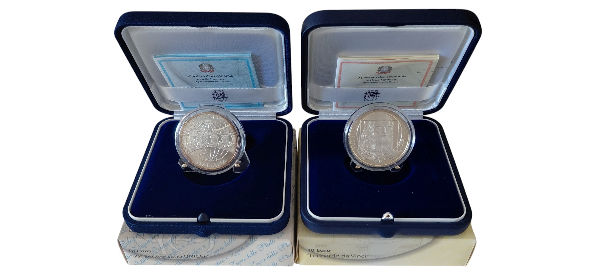 Italia, 10 Euro in argento (925‰) – UNICEF 60° anniversario (Fdc) e Leonardo da Vinci (Proof) con...
