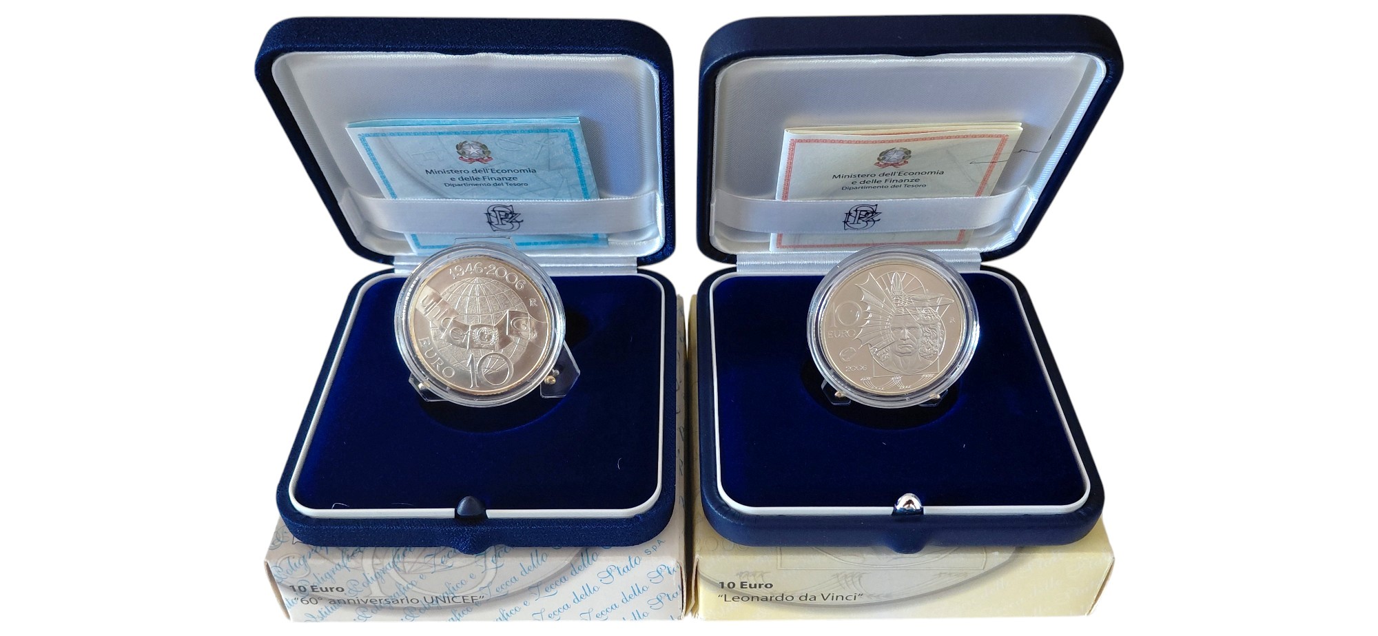 Italia, 10 Euro in argento (925‰) – UNICEF 60° anniversario (Fdc) e Leonardo da Vinci (Proof) con...
