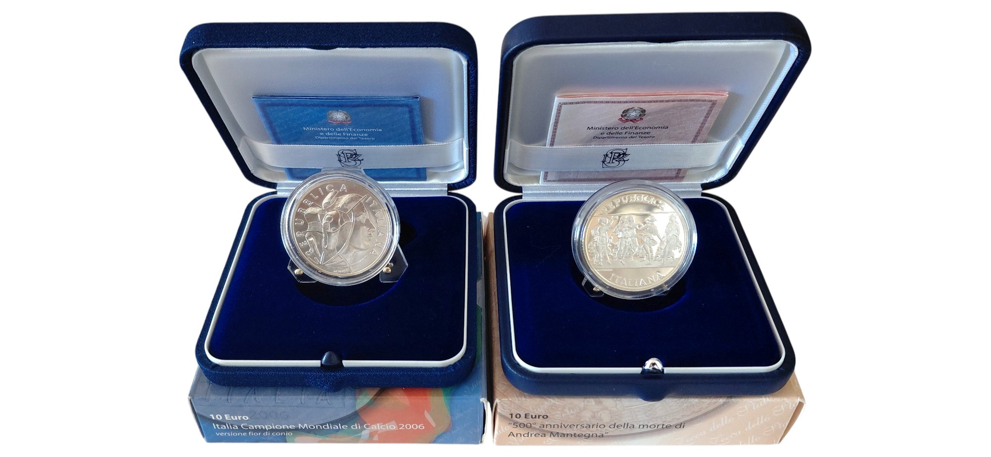 Italia, 2 monete da 10 Euro in argento 925‰ (44 g complessivi) – Campione mondiale di Calcio 2006...